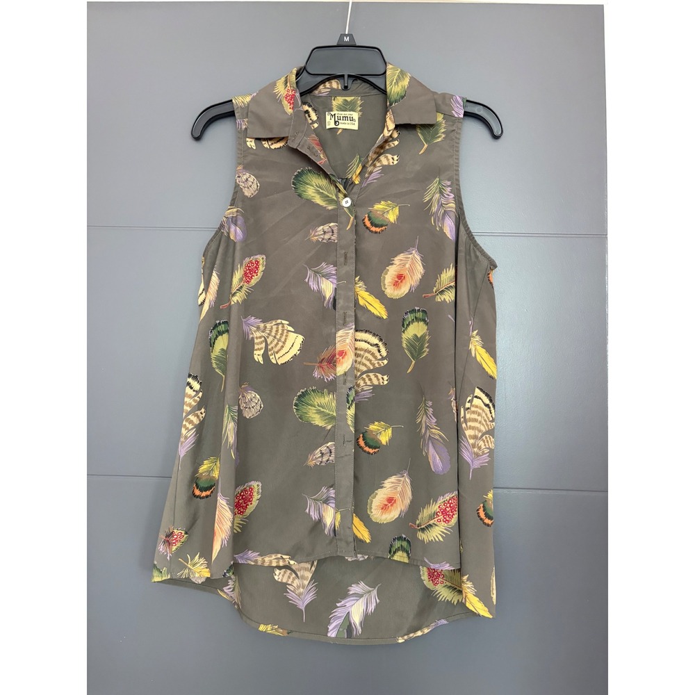 Show Me Your Mumu Womens Small Olive Green Feather Print Sleeveless Blouse USA